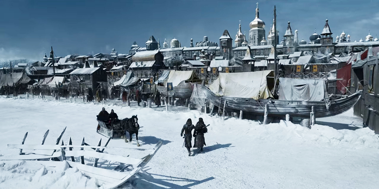 Das verschneite Novgorod ist eine Handelsmetropole