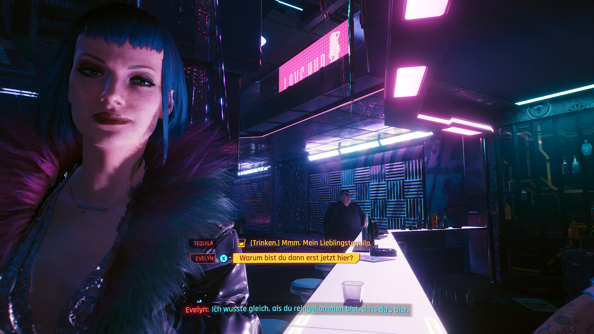 Evelyn Parker begr&uuml;&szlig;t V in der Discothek Afterlife