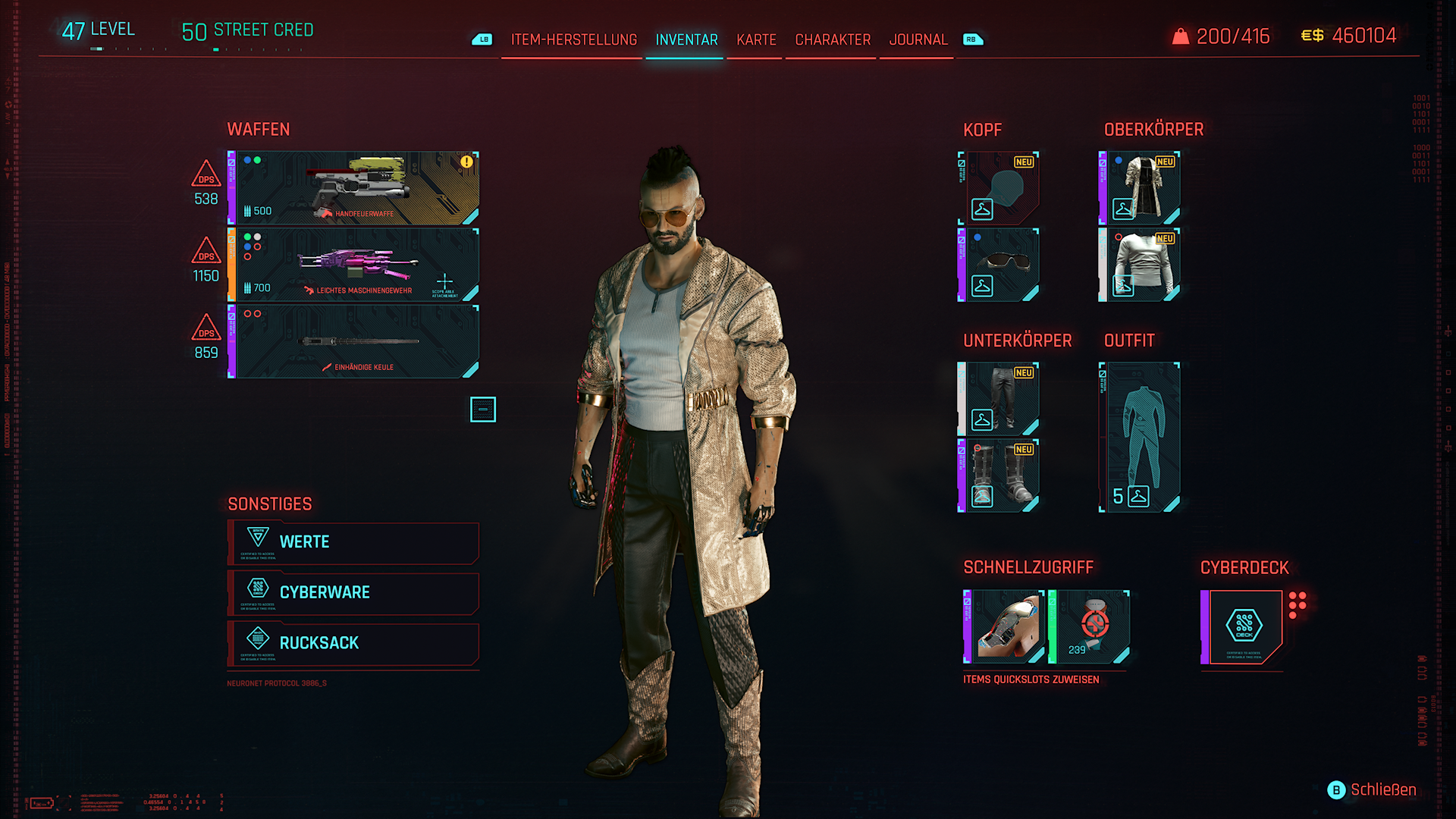 Cyberpunk 2077 Inventar und anlegbare Cyberware