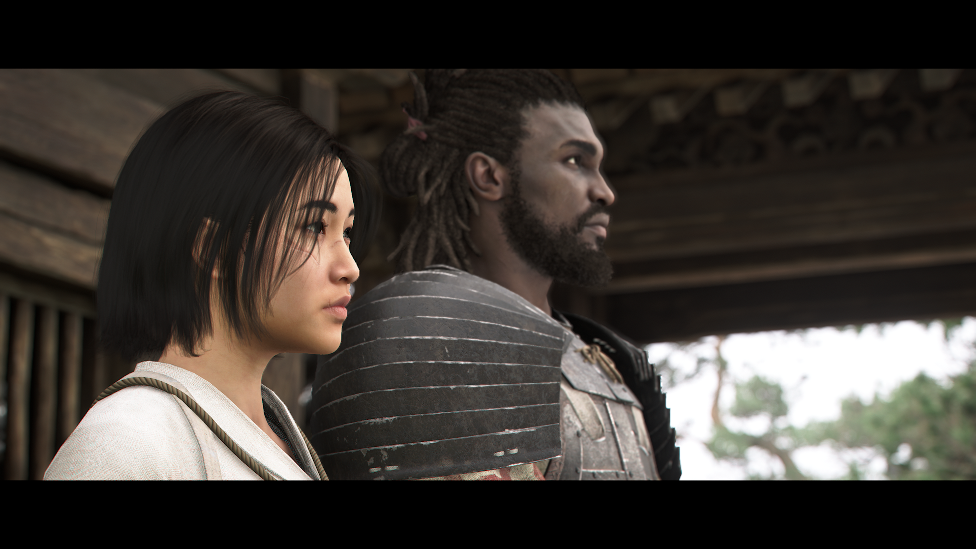 Naoe und Yasuke warten im Tempelgarten