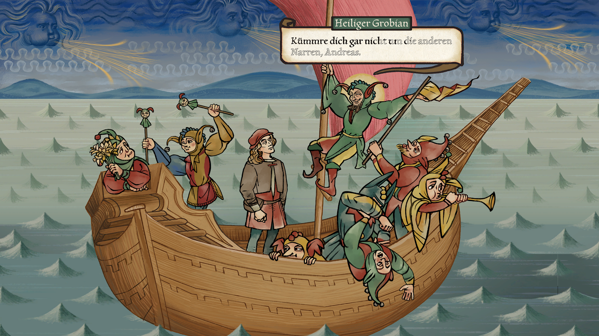 Lauter Narren auf einer gedachten &Uuml;berfahrt.